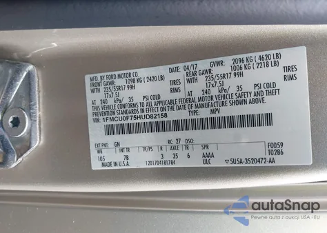 2017 Ford Escape S из США, поврежденный, VIN 1FMCU0F75HUD82158